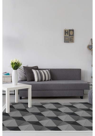 Kaymaz Dijital Mutfak & Salon Halı Star Pamuk Saçaklı Geometrik E5010 gri
