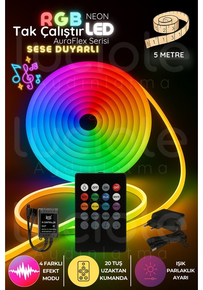 5 Metre Rgb Neon Led Şerit Auraflex Serisi Sese Duyarlı Tak-çalıştır Kumandalı Işık