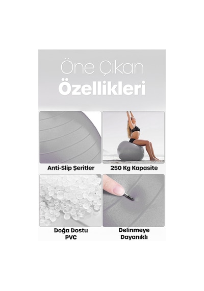 65 Cm Pilates Topu Ve Pompa Seti 155-170 Cm Boy İçin Uygun Dayanıklı Anti-slip Gri