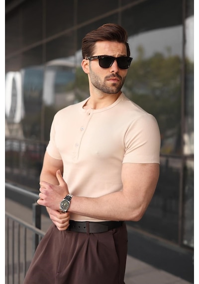 Madmext Bej Yarım Düğmeli Slim Fit Erkek Tişört E7186
