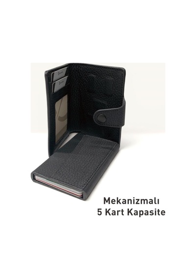 Grande Hakiki Deri Mekanizmalı Mandallı Kartlık Cüzdan Rfıd Siyah