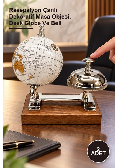 2 Adet Masa Üstü Dünya Küre Resepsiyon Çanlı Dekoratif Masa Objesi, Desk Globe Ve Bell 1