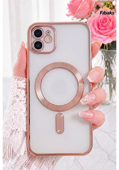 Fibaks iPhone 11 Uyumlu Kılıf Kamera Lens Korumalı Magsafe Şarj Kilifi Şeffaf Rose Renkli Yumuşak