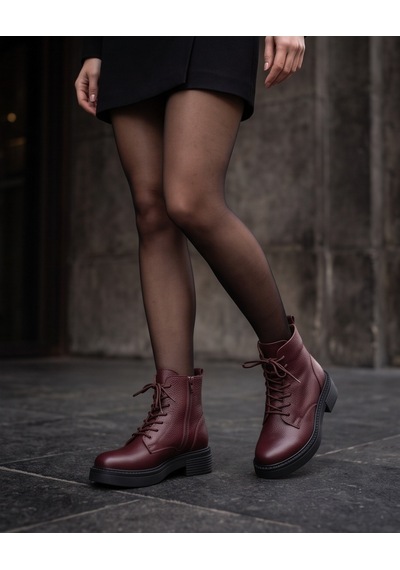 Futsishoes Ravenna Bordo Hakiki Deri Bağcıklı Kalın Taban Topuklu Postal Kadın Bot