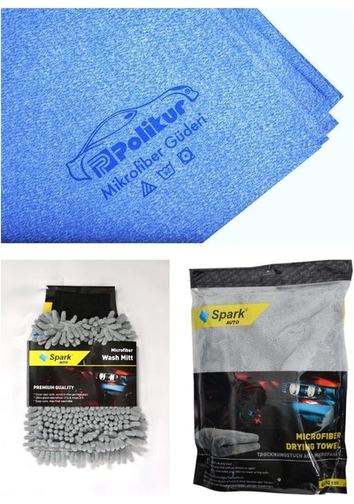 Polikur 3356 Güderi Oto Kurulama Bezi & Spark 7050 Oto Eldiveni & Spark 2316 Peluş Bez 3'lü Set