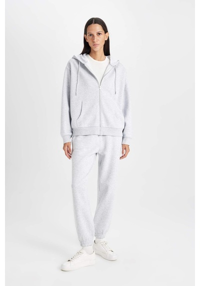 Defacto Relax Fit Kapüşonlu Basıc Kalın Fermuarlı Sweatshirt C1809AX26SP Gri