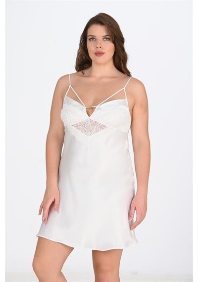 Aria's Closet Premium Büyük Beden Saten Dantel İşlemeli Ekru Gecelik Bigsize