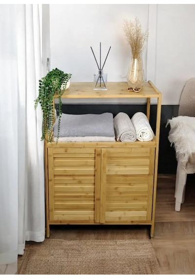 Bambu Çift Kapaklı 2 Raflı Çok Amaçlı Düzenleyici Organizer Banyo Dolabı Bambu