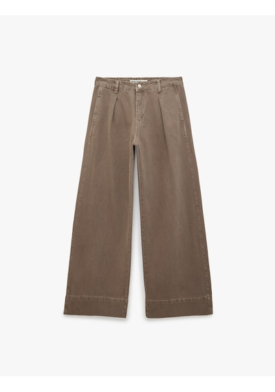 Koton Pileli Pamuklu Normal Bel Cep Detaylı Geniş Paça Pantolon - Wide Leg Jeans Açık Kahverengi 7wal40017mw