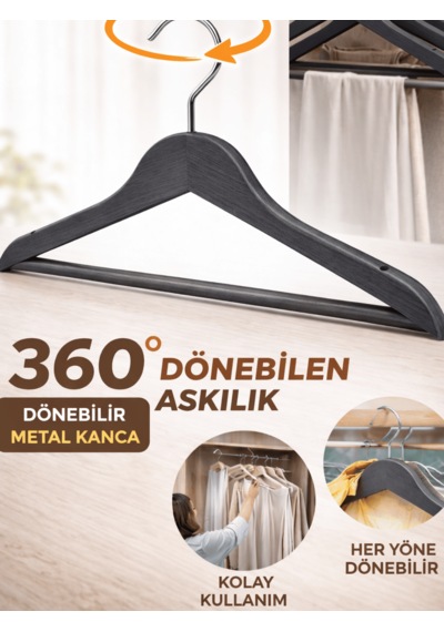 Beylini 3'lu Ahşap Görünümlü Plastik Askılık Yetişkin Kıyafetleri İçin Dayanıklı Elbise Gömlek Kancalı Askı Antrasit