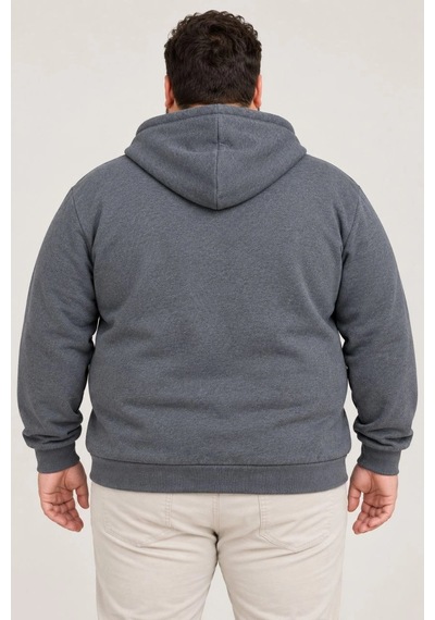 Assema Erkek Battal Büyük Beden Üç İplik İçi Şardonlu Kapüşonlu Tam Fermuarlı Kışlık Sweatshirt - Füme Çok Renkli