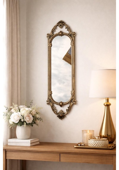 Kısa Oval Dekoratif Duvar Aynası Siyah & Eskitme Altın Yaldız 60x20 Cm Naturel