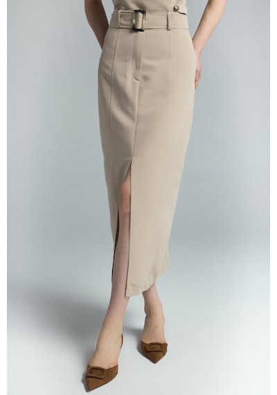 Sateen Jessi Yırtmaçlı Etek - Camel-137286