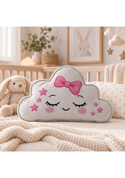 Bk Gift Sevimli Yüz Tasarımlı Gri Bulut Yastık-5 - Bebek Ve Çocuk Odası Dekoratif Yastık 34,5x22 Cm