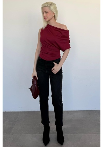 Bordo Tek Omuz Modern Kesim Şık Kadın Bluz Mg2669 bordo