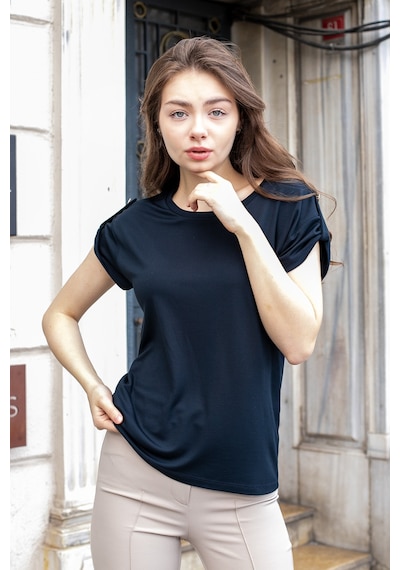Kadın Modal Penye Geniş Sıfır Yaka Düşük Omuzlu Apoletli Kısa Kol T-shirt Bluz-koyu Lacivert K.lacivert Kadın Modal Penye Geniş Sıfır Yaka Düşük Omuzlu Apoletli Kısa Kol T-shirt Bluz-koyu Lacivert K.lacivert