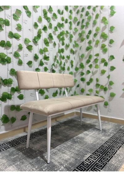 Özcan Metal Beyaz Metal Ayaklı Sırtlı Siyah Mutfak Salon Antre Yatak Odası Puf Bank Oturak Bench Bej