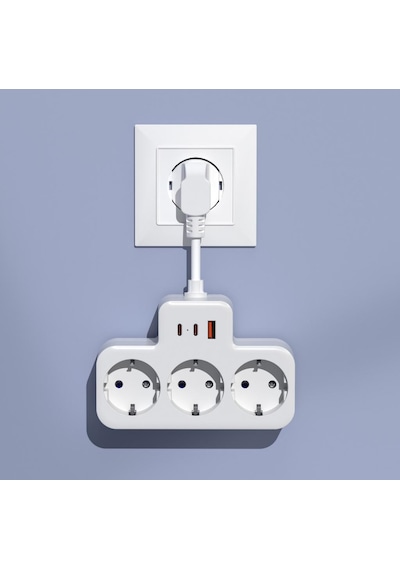 S-link Prz07 Beyaz 3 Soketli 15mm 1 Usb 2 Type-c Pd20w 1050 Joule Tam Bakır Kablolu Akım Korumalı Priz S-link