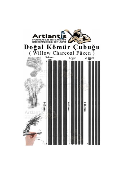Kömür Çubukları Doğal Füzen 12 Li 1 Paket Eskiz Karakalem Çizim Gölgeleme Kömürü Siyah Willow Charcoal Hobi Sanat