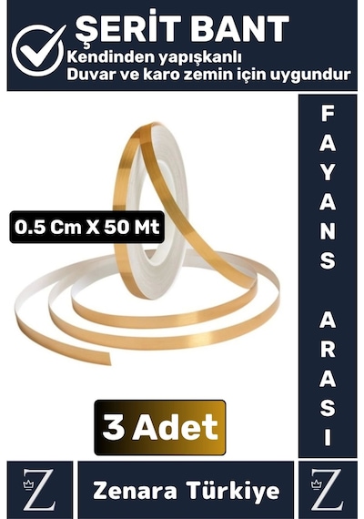 Premium Kendinden Yapışkanlı Su Geçirmez Fayans Arası Gold Şerit Derz Bant 0.5 Cm X 50 Metre 3 Adet
