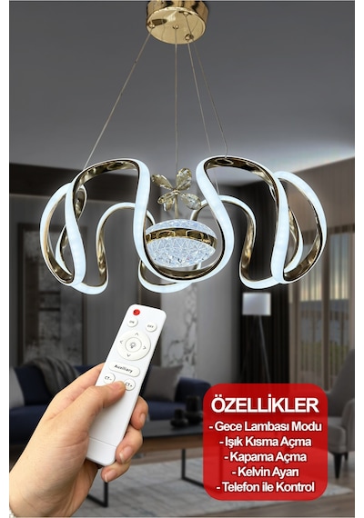 Eliza Tek Toplu Modern Yüksek Işık Gücü Ithal 3 Renk Kumandalı Led Avize Gold Kumandalı