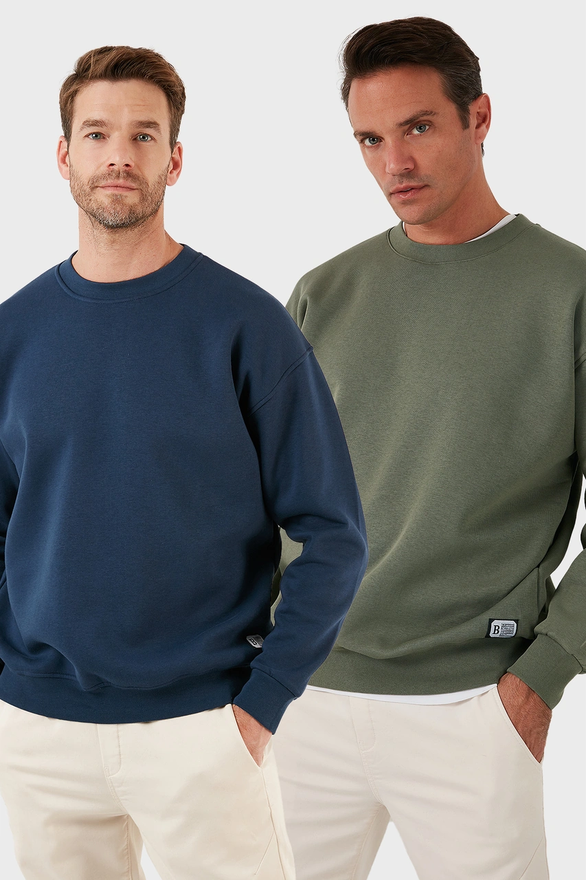 Buratti Regular Fit Bisiklet Yaka Şardonlu 2'Li Paket Erkek Sweat 5905255S2 Indigo-Haki