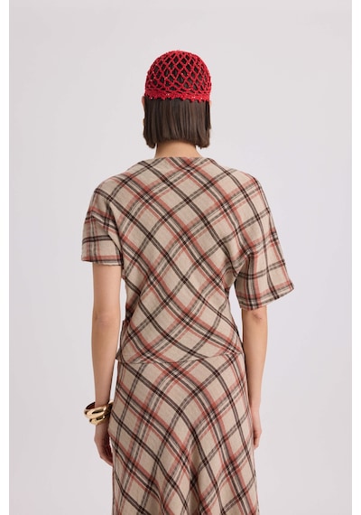 Mai Collection Petunya Ekoseli Turuncu Crop Etek Takım Turuncu