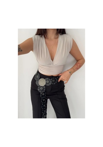 Butik İstanbul Vatkalı Kolsuz V Yaka Drapeli Crop Bluz Likralı Fit - Boyalı Gri