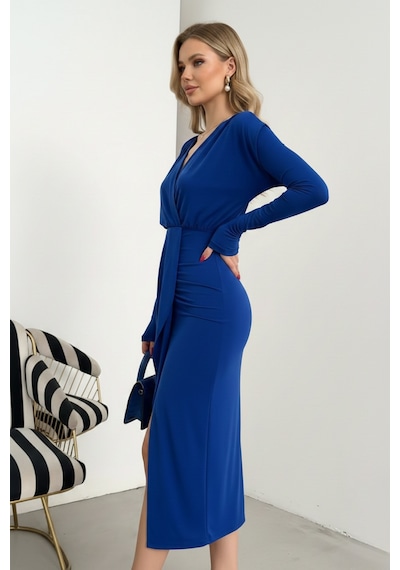 Defymoda Kadın Kruvaze Yaka Şık Tasarım Elbise Mavi