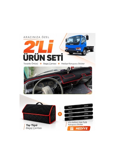 Isuzu Nkr Wıde 1997-2005 Uyumlu Torpido Örtüsü + Tay Tüyü Bagaj Çantası + Sticker - Siyah Kırmızı