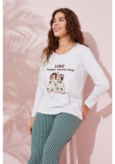 Siyah İnci Pamuklu Örme Pijama Takım 24240149 Bej Melanj