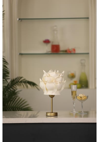 Krem Eva Gül Tasarım Kablosuz Şarjlı Masa Lambası - Alt Uzun Eskitme Gold Eskitme Gold