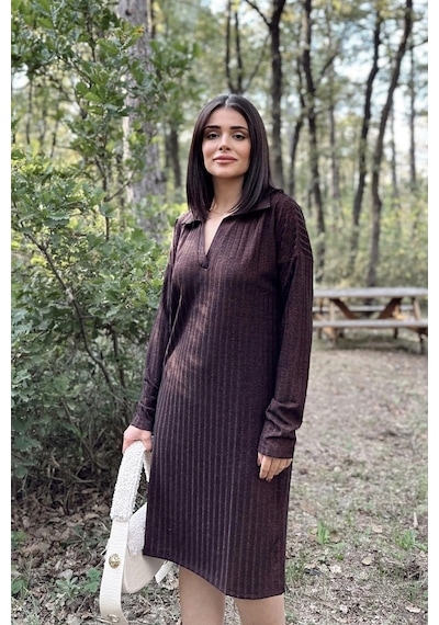 WeShaya Kadın Bordo Polo Yaka, Kendinden Desenli, Basic Kalıp, Uzun Kollu Midi Triko Elbise Bordo
