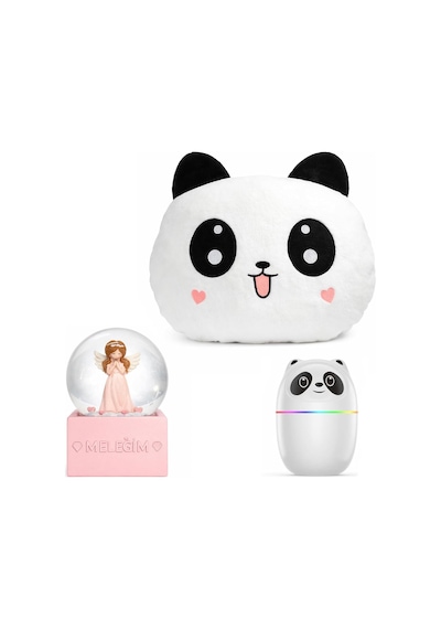 Panda Temalı Dekoratif Tasarıma Sahip Hediye Seti Peluş Panda Yastık + Buhar Makinesi Nemlendirici + Melek Figürlü Kar Küresi Dekoratif Hediye Seti