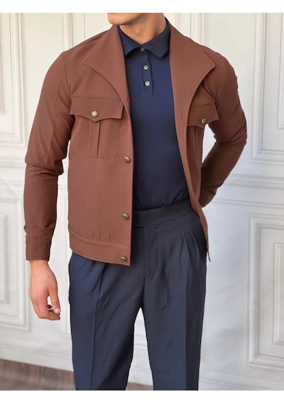 Modefendi Slimfit Kalıp Pamuklu Kayık Yaka Mont Kahverengi