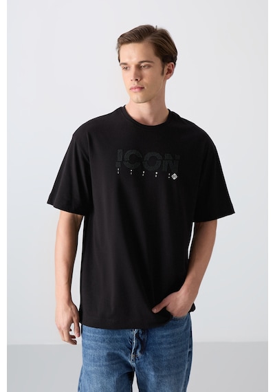 Tommy Life Siyah Pamuklu Kalın Yumuşak Dokulu Oversize Fit Baskılı Erkek T-shirt - 88331 Siyah