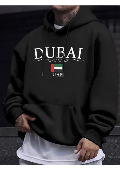 Startmore Tarzsokak Dubai Bae Harf Ve Bayrak Baskılı Unisex Kazaklar Kalınlaştırılmış Her Şeyle Uyumlu Kapüşonlu Siyah