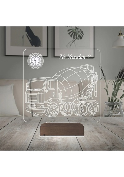 Luvivia Kamyon Beton Mikseri İnşaat Kişiye Özel Metal Saatli 3d Lamba - Masa Gece Lambası Şeffaf
