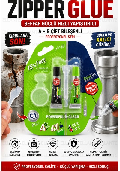 Zipper Glue Şeffaf Çift Bileşenli Güçlü Yapıştırıcı 8 Gr A+b Hızlı Metal Cam Plastik Seramik Ahşap T