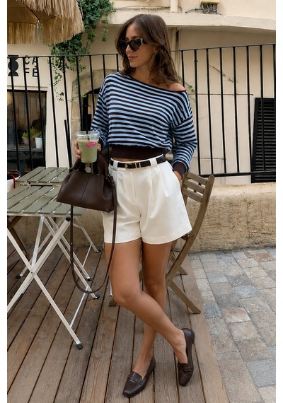 Madmext Mavi Çizigli Modern Kayık Yaka Triko Bluz Mg2804
