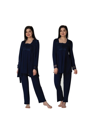Effortt Kadın Lacivert Sabahlıklı Lohusa Pijama Takımı 2401 Lacivert