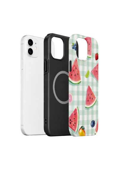 Apple iPhone Uyumlu 11 Vorian Çift Katmanlı Magsafe Kılıf Watermelon Picnic Gingham