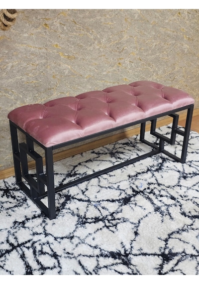 Zafir Siyah Boyalı İçi Kareli Diktörtgen 100 Cm X 40 Cm Oturak Puf - Bench - Makyaj Oturağı - Oturak Pembe