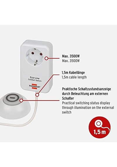 Eco Line Comfort Switch Adaptör El Csa 1 Işıklı El/ayak Şalterli Priz, Yüksek Dokunma Korumalı, 1,5 M Kablo