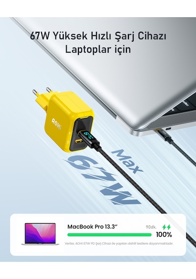 Aohi Magcube 67w 2 Portlu Şarj Adaptörü, 140w Led Ekranlı Naylon Örgülü Süper Hızlı Şarj/data Kablosu