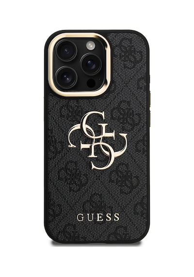 Apple iPhone 15 Pro Max Uyumlu Kılıf Guess Lisanslı Metal 4g Ve Yazı Logolu Kamera Standlı Kapak Siyah
