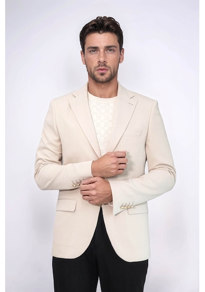 Bej Kendinden Desenli Örme Altın Renk Metal Düğmeli Slim Fit Erkek Blazer Ceket - Wessi Cream Bej Kendinden Desenli Örme Altın Renk Metal Düğmeli Slim Fit Erkek Blazer Ceket - Wessi Cream