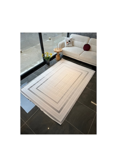 Merinos Vista Beyaz Renk Gri Çok Çerçeveli %100 Akrilik Yumuşak Dokulu Salon Oturma Odası Halısı 76591-95