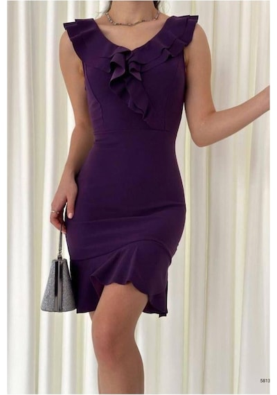 DefyModa Kadın Minimal Tasarım Krep Kumaş Volanlı Askılı Abiye Elbise Mor