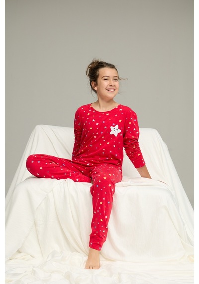 Siyah İnci Pamuklu Bisiklet Yaka Örme Pijama Takım25241120 Kırmızı